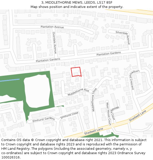 3, MIDDLETHORNE MEWS, LEEDS, LS17 8SF: Location map and indicative extent of plot