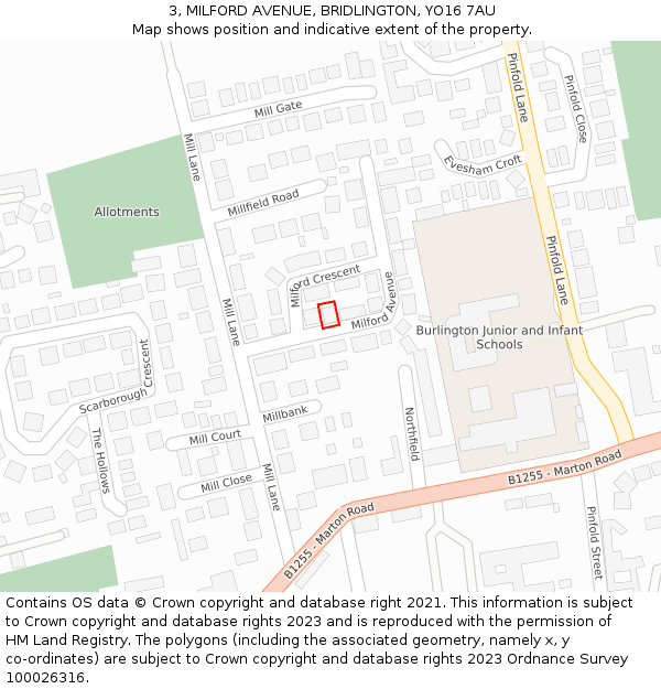 3, MILFORD AVENUE, BRIDLINGTON, YO16 7AU: Location map and indicative extent of plot