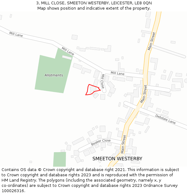 3, MILL CLOSE, SMEETON WESTERBY, LEICESTER, LE8 0QN: Location map and indicative extent of plot