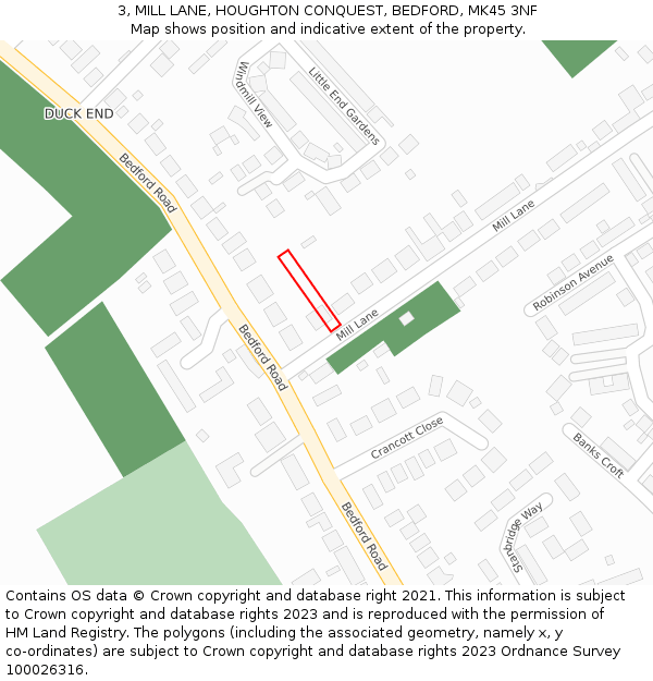 3, MILL LANE, HOUGHTON CONQUEST, BEDFORD, MK45 3NF: Location map and indicative extent of plot