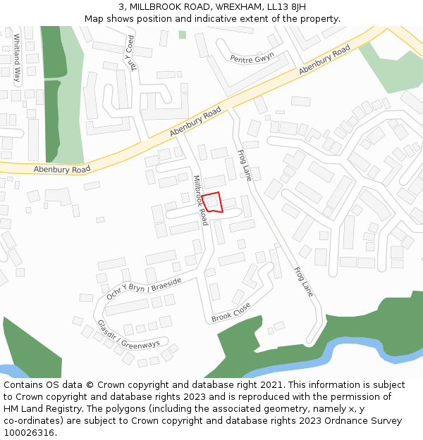 3, MILLBROOK ROAD, WREXHAM, LL13 8JH: Location map and indicative extent of plot