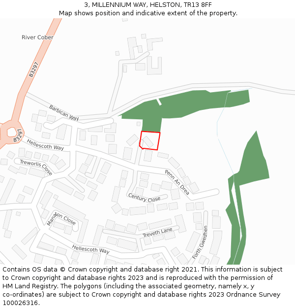 3, MILLENNIUM WAY, HELSTON, TR13 8FF: Location map and indicative extent of plot