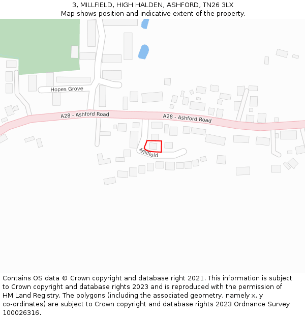 3, MILLFIELD, HIGH HALDEN, ASHFORD, TN26 3LX: Location map and indicative extent of plot