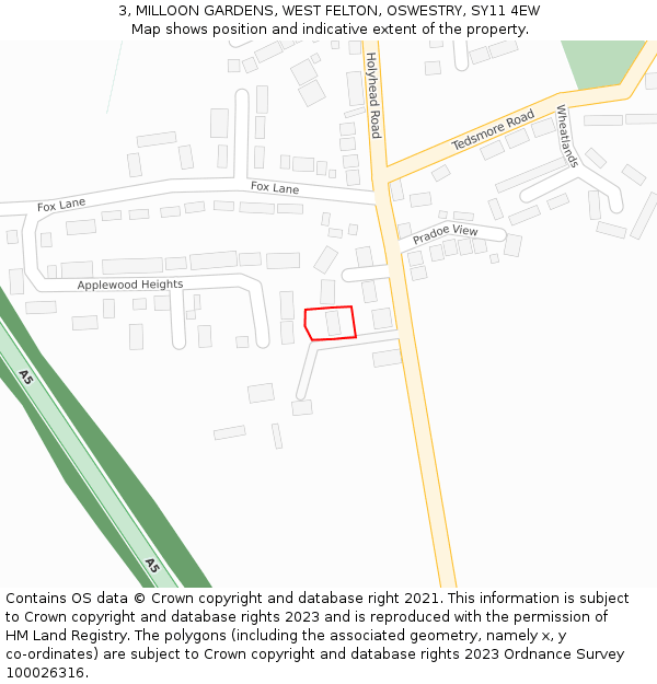 3, MILLOON GARDENS, WEST FELTON, OSWESTRY, SY11 4EW: Location map and indicative extent of plot