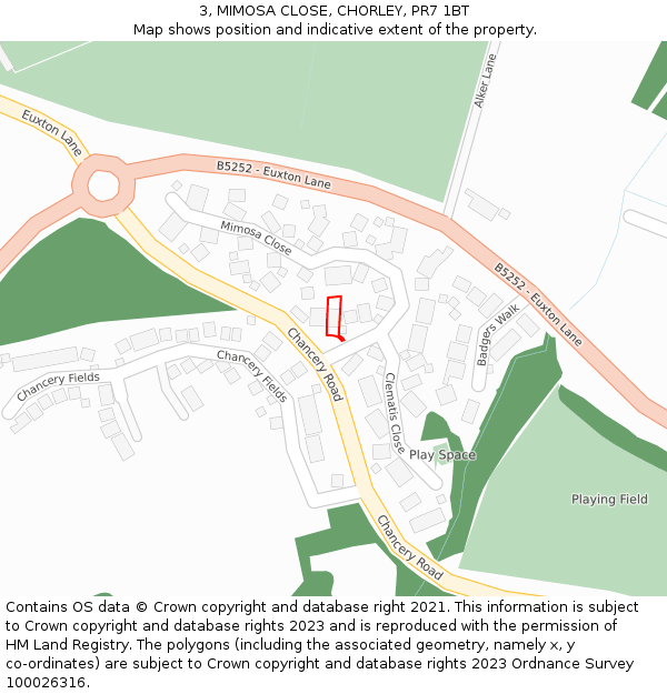 3, MIMOSA CLOSE, CHORLEY, PR7 1BT: Location map and indicative extent of plot