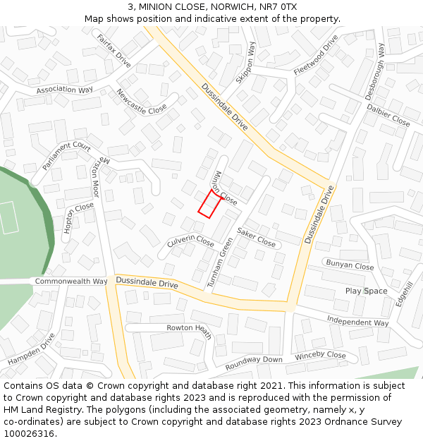 3, MINION CLOSE, NORWICH, NR7 0TX: Location map and indicative extent of plot