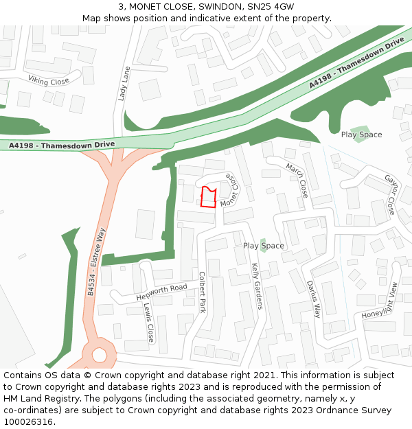 3, MONET CLOSE, SWINDON, SN25 4GW: Location map and indicative extent of plot