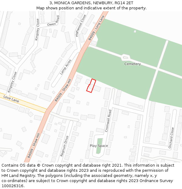 3, MONICA GARDENS, NEWBURY, RG14 2ET: Location map and indicative extent of plot