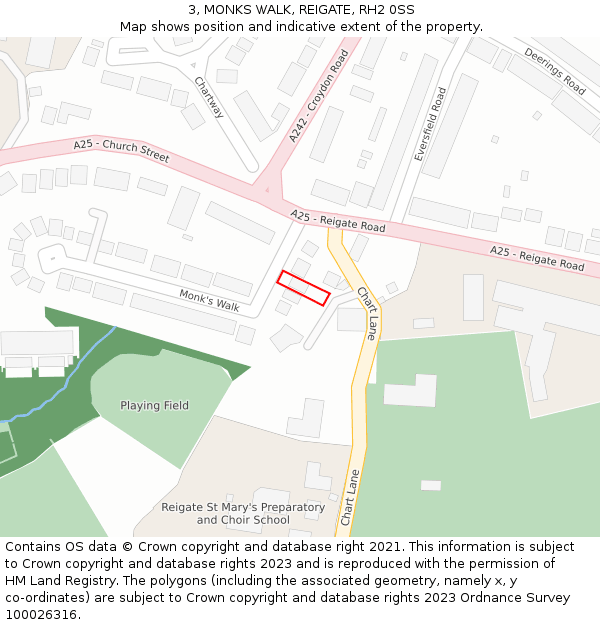 3, MONKS WALK, REIGATE, RH2 0SS: Location map and indicative extent of plot