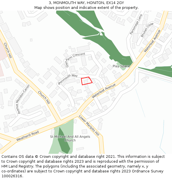 3, MONMOUTH WAY, HONITON, EX14 2GY: Location map and indicative extent of plot