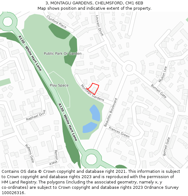 3, MONTAGU GARDENS, CHELMSFORD, CM1 6EB: Location map and indicative extent of plot