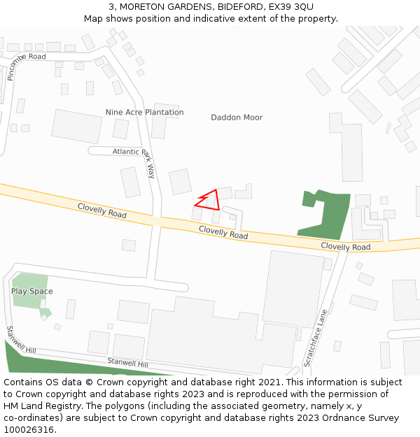 3, MORETON GARDENS, BIDEFORD, EX39 3QU: Location map and indicative extent of plot