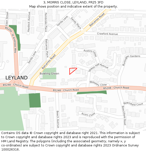 3, MORRIS CLOSE, LEYLAND, PR25 3FD: Location map and indicative extent of plot