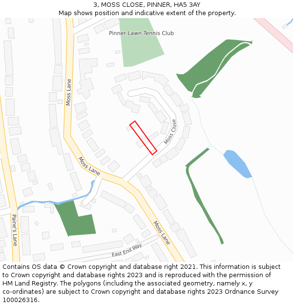 3, MOSS CLOSE, PINNER, HA5 3AY: Location map and indicative extent of plot