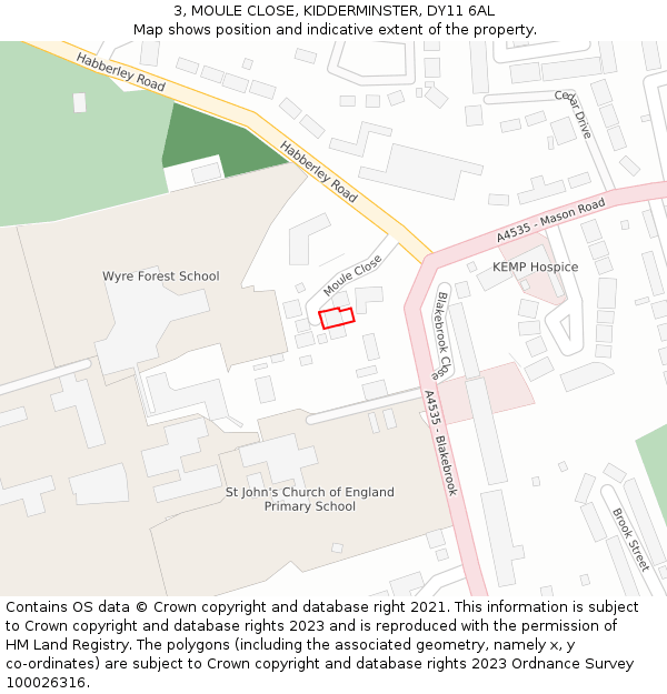 3, MOULE CLOSE, KIDDERMINSTER, DY11 6AL: Location map and indicative extent of plot