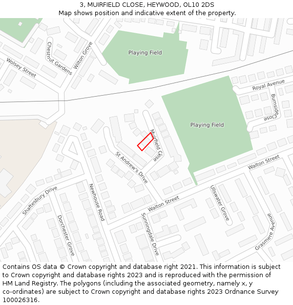 3, MUIRFIELD CLOSE, HEYWOOD, OL10 2DS: Location map and indicative extent of plot