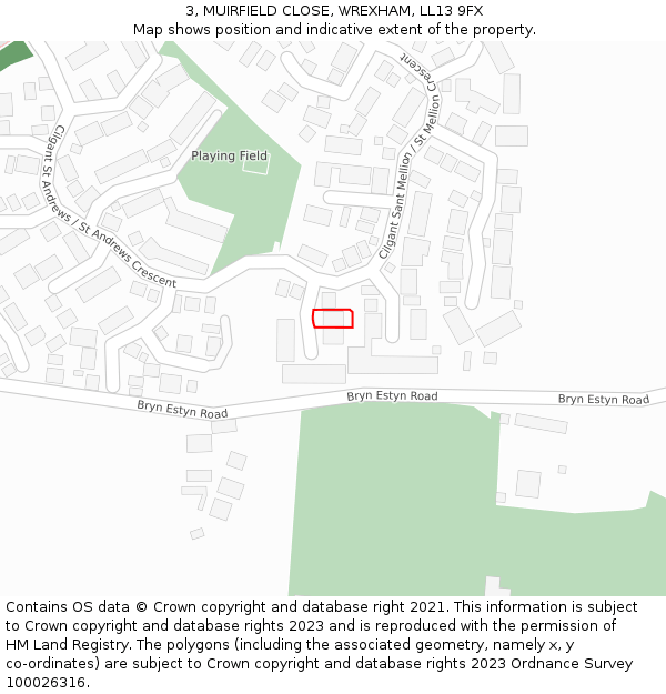 3, MUIRFIELD CLOSE, WREXHAM, LL13 9FX: Location map and indicative extent of plot