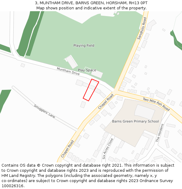 3, MUNTHAM DRIVE, BARNS GREEN, HORSHAM, RH13 0PT: Location map and indicative extent of plot