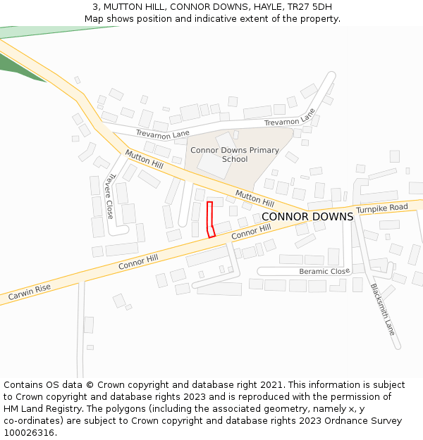 3, MUTTON HILL, CONNOR DOWNS, HAYLE, TR27 5DH: Location map and indicative extent of plot