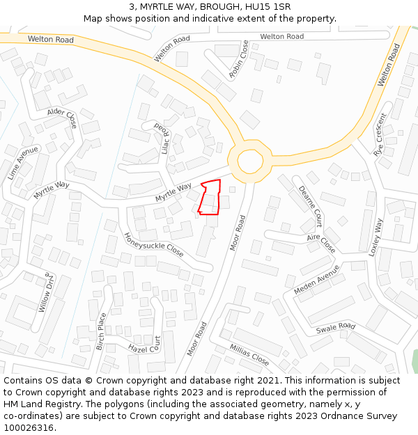 3, MYRTLE WAY, BROUGH, HU15 1SR: Location map and indicative extent of plot