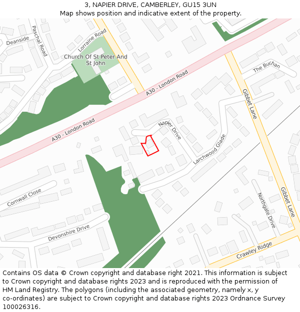 3, NAPIER DRIVE, CAMBERLEY, GU15 3UN: Location map and indicative extent of plot