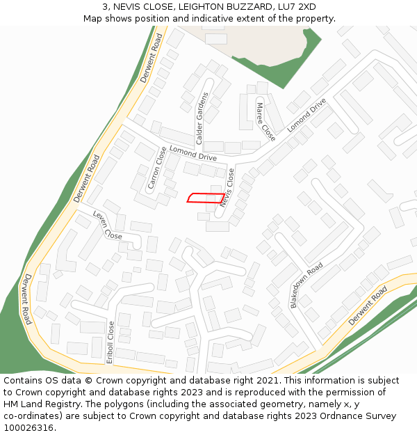 3, NEVIS CLOSE, LEIGHTON BUZZARD, LU7 2XD: Location map and indicative extent of plot