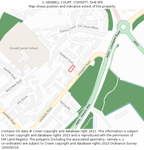 3, NEWBELL COURT, CONSETT, DH8 6FE: Location map and indicative extent of plot