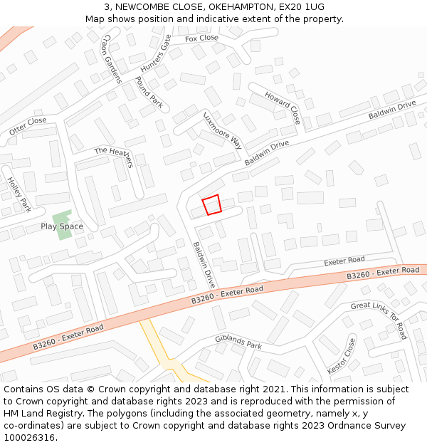 3, NEWCOMBE CLOSE, OKEHAMPTON, EX20 1UG: Location map and indicative extent of plot