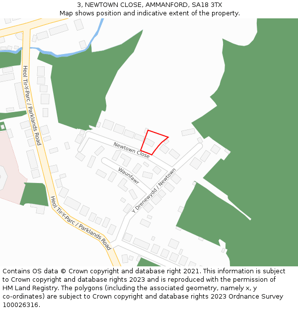 3, NEWTOWN CLOSE, AMMANFORD, SA18 3TX: Location map and indicative extent of plot