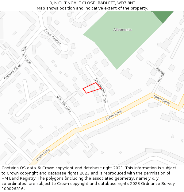 3, NIGHTINGALE CLOSE, RADLETT, WD7 8NT: Location map and indicative extent of plot