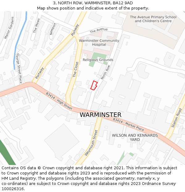 3, NORTH ROW, WARMINSTER, BA12 9AD: Location map and indicative extent of plot