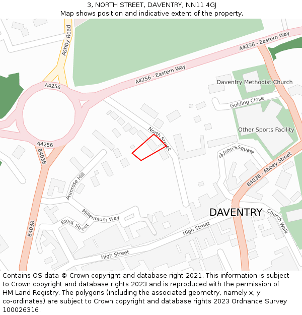 3, NORTH STREET, DAVENTRY, NN11 4GJ: Location map and indicative extent of plot
