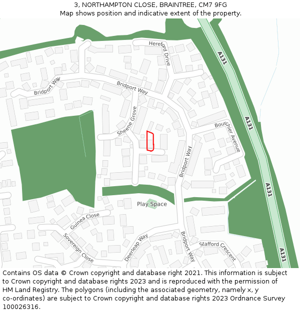 3, NORTHAMPTON CLOSE, BRAINTREE, CM7 9FG: Location map and indicative extent of plot