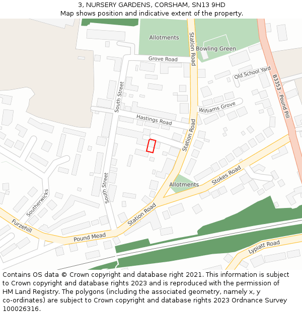 3, NURSERY GARDENS, CORSHAM, SN13 9HD: Location map and indicative extent of plot