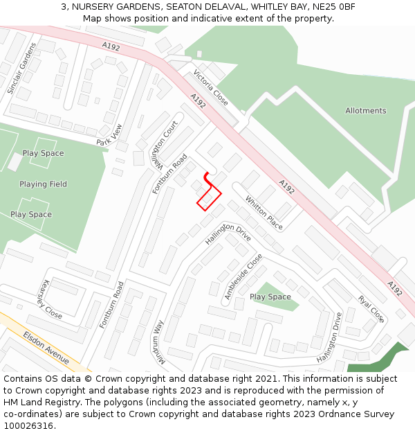 3, NURSERY GARDENS, SEATON DELAVAL, WHITLEY BAY, NE25 0BF: Location map and indicative extent of plot