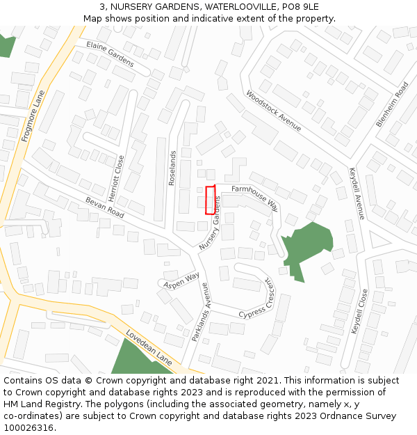 3, NURSERY GARDENS, WATERLOOVILLE, PO8 9LE: Location map and indicative extent of plot