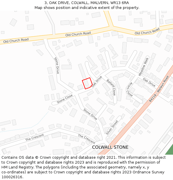 3, OAK DRIVE, COLWALL, MALVERN, WR13 6RA: Location map and indicative extent of plot