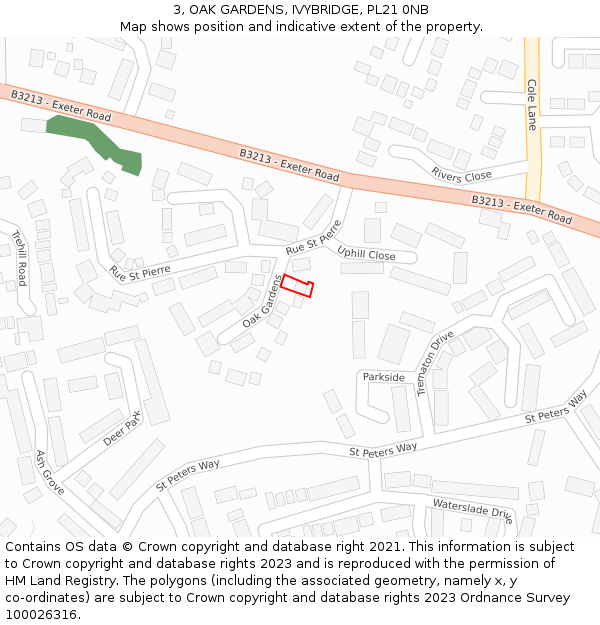 3, OAK GARDENS, IVYBRIDGE, PL21 0NB: Location map and indicative extent of plot