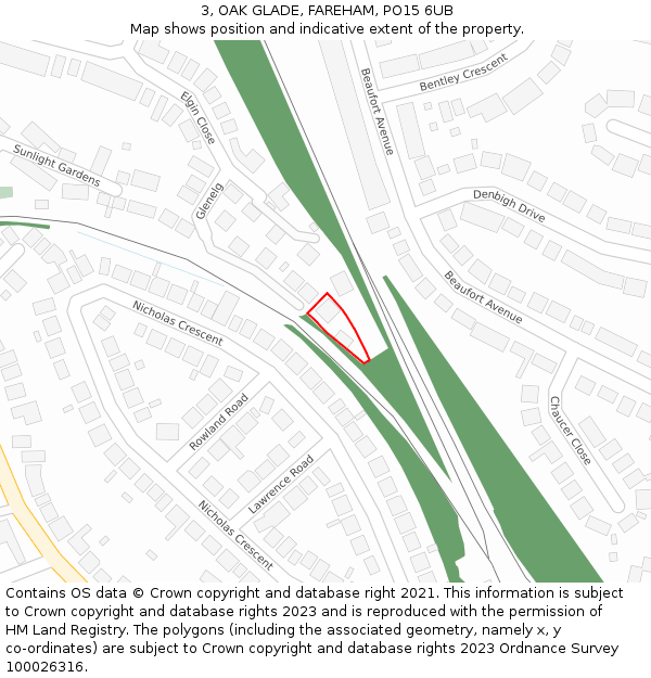 3, OAK GLADE, FAREHAM, PO15 6UB: Location map and indicative extent of plot