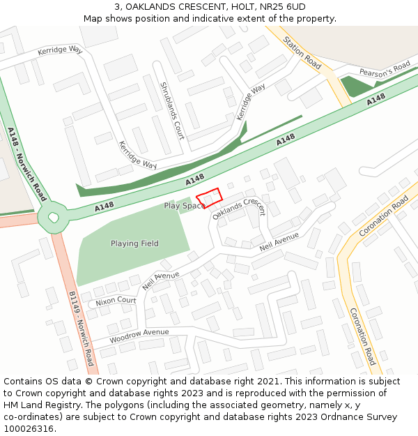 3, OAKLANDS CRESCENT, HOLT, NR25 6UD: Location map and indicative extent of plot