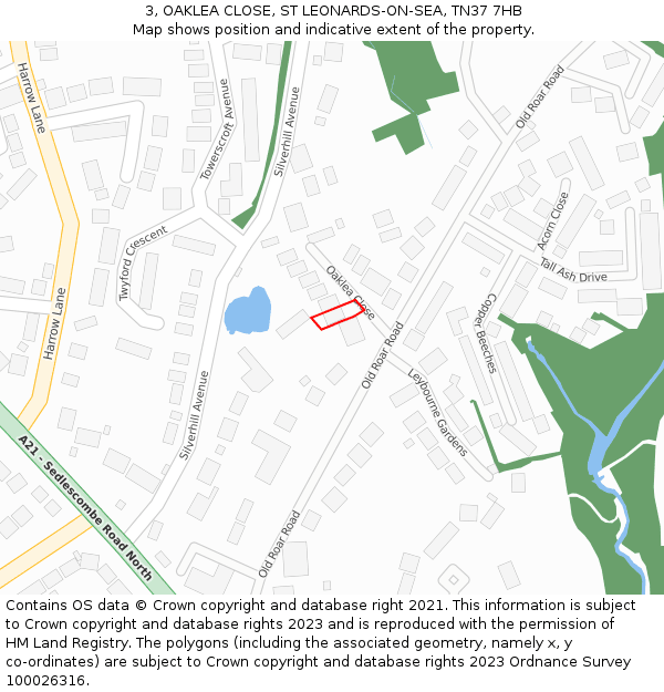 3, OAKLEA CLOSE, ST LEONARDS-ON-SEA, TN37 7HB: Location map and indicative extent of plot