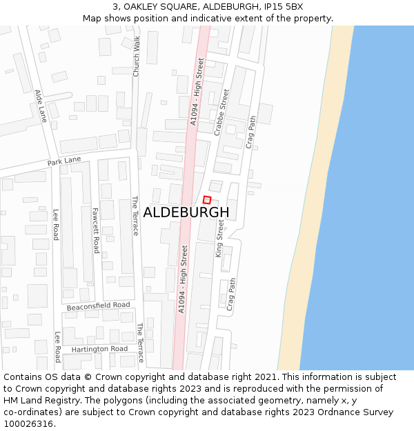 3, OAKLEY SQUARE, ALDEBURGH, IP15 5BX: Location map and indicative extent of plot