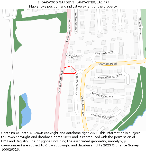 3, OAKWOOD GARDENS, LANCASTER, LA1 4PF: Location map and indicative extent of plot