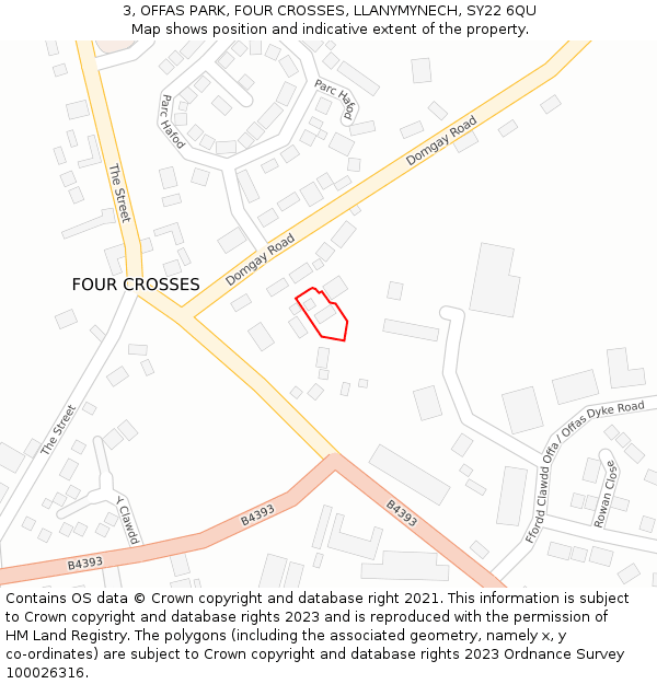 3, OFFAS PARK, FOUR CROSSES, LLANYMYNECH, SY22 6QU: Location map and indicative extent of plot