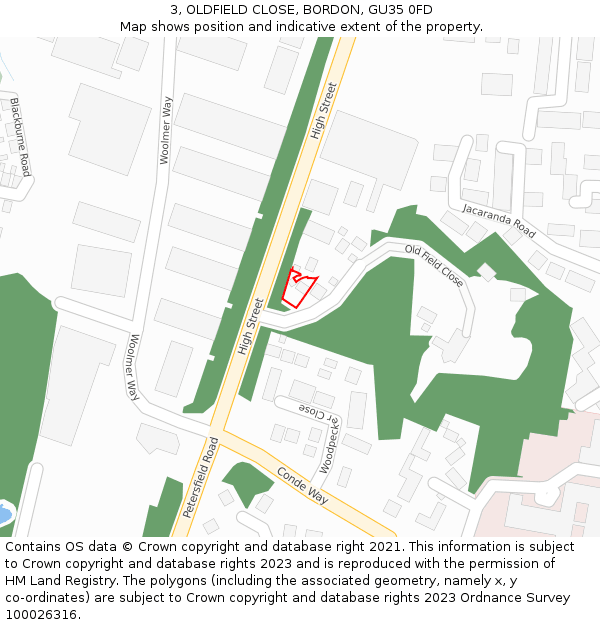 3, OLDFIELD CLOSE, BORDON, GU35 0FD: Location map and indicative extent of plot