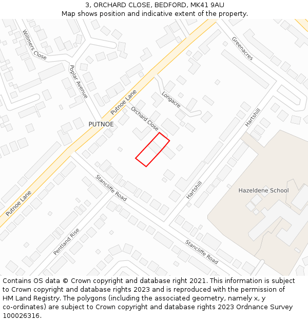 3, ORCHARD CLOSE, BEDFORD, MK41 9AU: Location map and indicative extent of plot