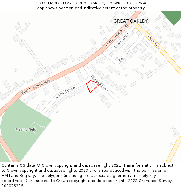 3, ORCHARD CLOSE, GREAT OAKLEY, HARWICH, CO12 5AX: Location map and indicative extent of plot