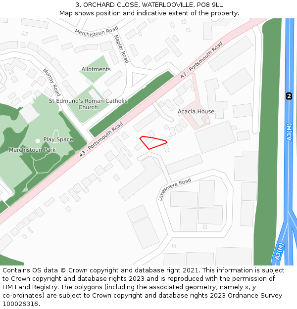 3, ORCHARD CLOSE, WATERLOOVILLE, PO8 9LL: Location map and indicative extent of plot