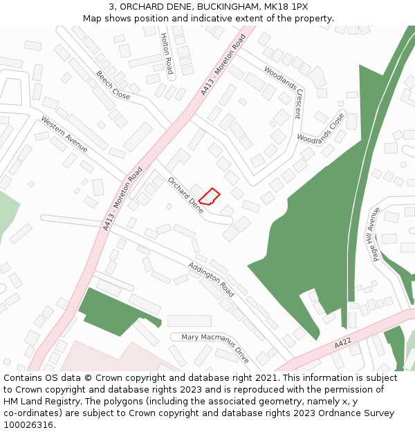 3, ORCHARD DENE, BUCKINGHAM, MK18 1PX: Location map and indicative extent of plot
