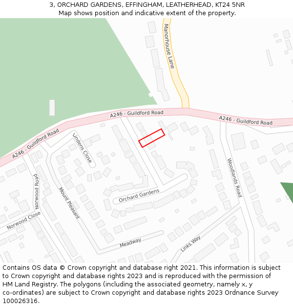 3, ORCHARD GARDENS, EFFINGHAM, LEATHERHEAD, KT24 5NR: Location map and indicative extent of plot